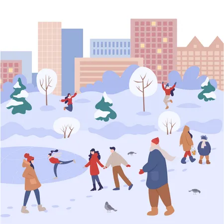Pessoas aproveitando a temporada de inverno  Ilustração