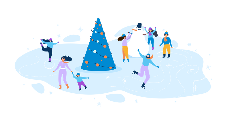 Pessoas aproveitando a temporada de inverno com árvore de natal e boneco de neve  Ilustração