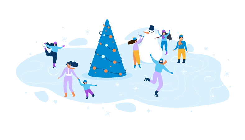 Pessoas aproveitando a temporada de inverno com árvore de natal e boneco de neve  Ilustração