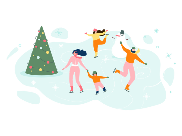 Pessoas aproveitando a temporada de inverno com árvore de natal e boneco de neve  Ilustração