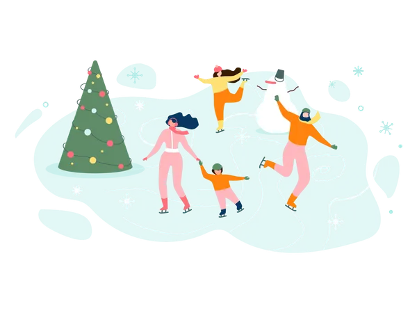 Pessoas aproveitando a temporada de inverno com árvore de natal e boneco de neve  Ilustração