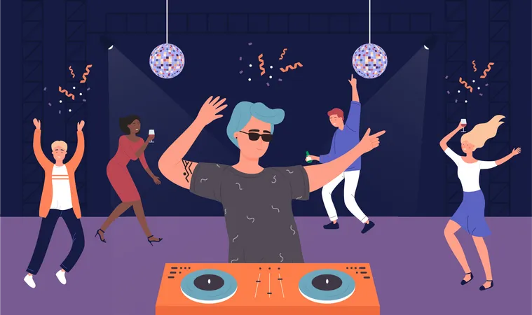 Pessoas curtindo música e dança de DJ  Ilustração