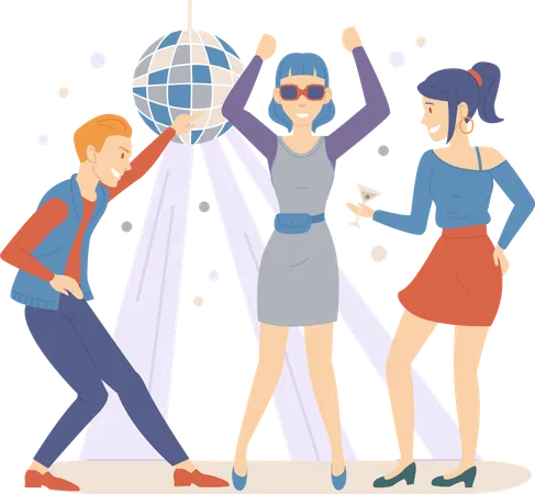 Pessoas dançando em boate com bola de discoteca  Ilustração