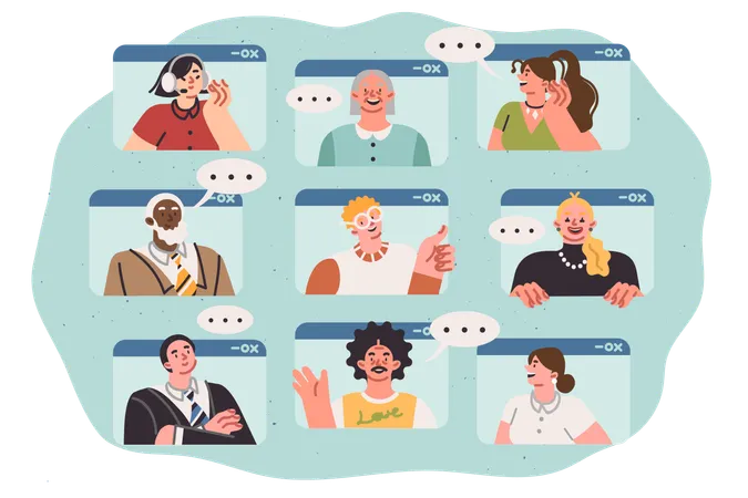 Pessoas de comunicação on-line usando tecnologias digitais para conversar  Ilustração