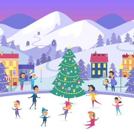 Pessoas de diferentes idades patinando no gelo na cidade  Ilustração