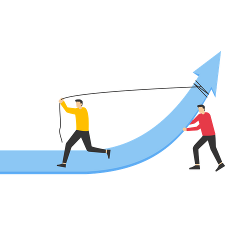 Pessoas de negócios empurram gráfico e seta para cima  Ilustração