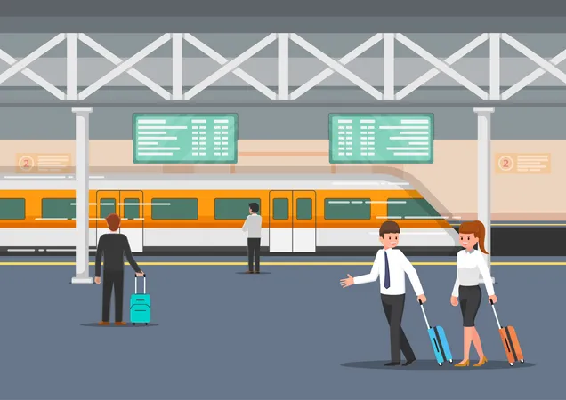 Pessoas De Negocios Na Plataforma Moderna Da Estacao Ferroviaria Conceito De Transporte Publico Ilustração