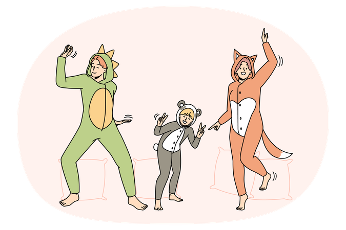 Pessoas de pijama kigurumi se divertem dançando em ambientes fechados  일러스트레이션