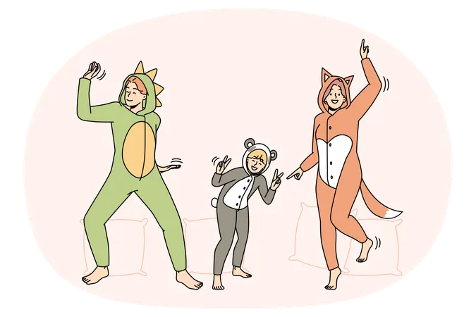 Pessoas de pijama kigurumi se divertem dançando em ambientes fechados  일러스트레이션