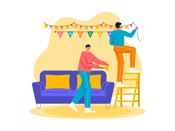 As pessoas decoram a casa para a festa de ano novo  Ilustração