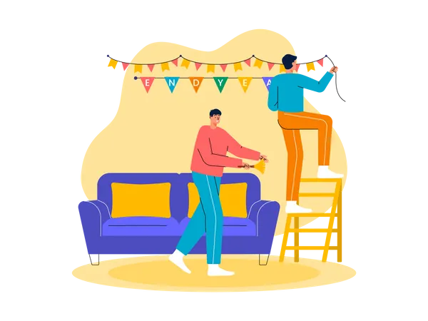 As pessoas decoram a casa para a festa de ano novo  Ilustração