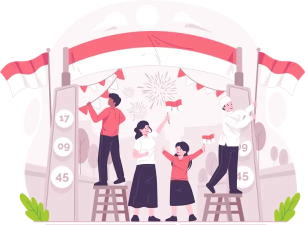 As Pessoas Decoram O Portao Para Celebrar O Dia Da Independencia Da Indonesia Em 17 De Agosto Ilustracao Do Conceito Do Dia Da Independencia Da Indonesia Ilustração