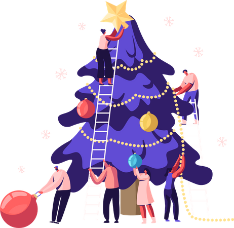 Pessoas decorando a árvore de natal  Ilustração