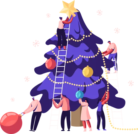 Pessoas decorando a árvore de natal  Ilustração