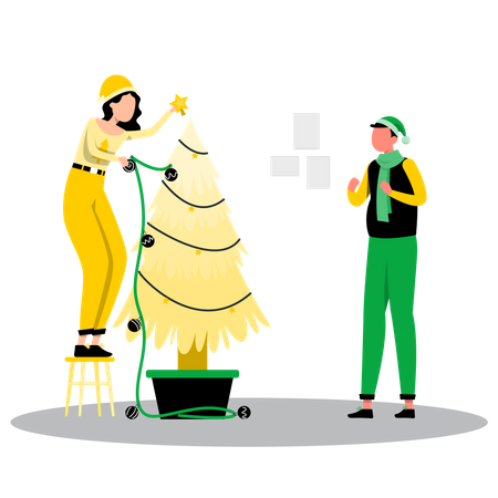 Pessoas decorando a árvore de natal  Ilustração