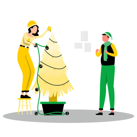 Pessoas decorando a árvore de natal  Ilustração