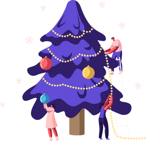 Pessoas decorando a árvore de Natal juntas  Ilustração