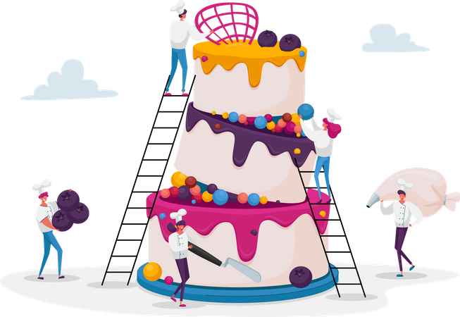 Pessoas decorando bolo de aniversário  Ilustração
