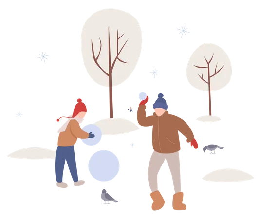 Pessoas decorando boneco de neve  Ilustração