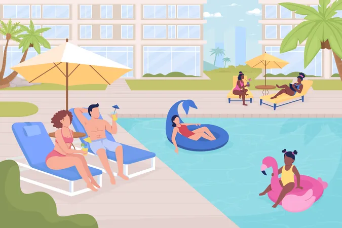 Pessoas descansando à beira da piscina pública ao ar livre  Ilustração