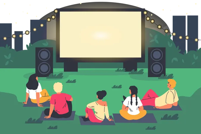 Pessoas descansando no gramado sobre os xadrezes e assistindo a um filme na tela grande  Ilustração