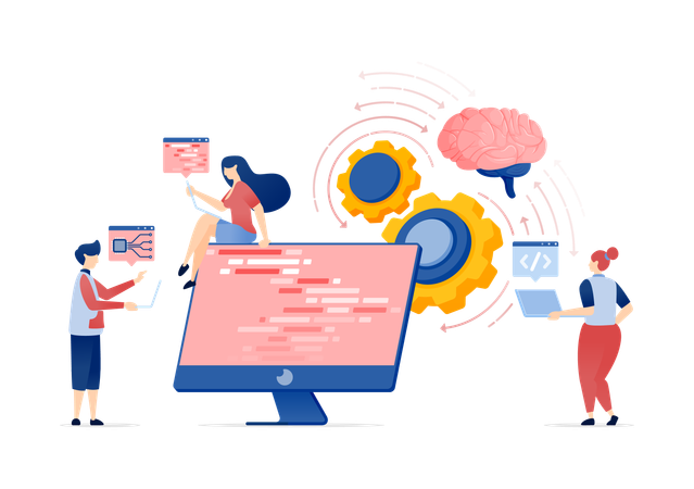 Pessoas desenvolvendo mecanismos de programação para inteligência artificial  Ilustração