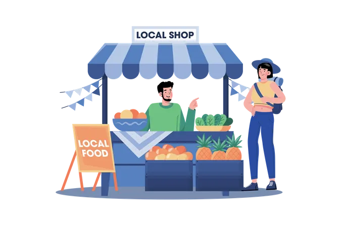 As pessoas apreciam a comida local e descobrem a cultura local  Ilustração