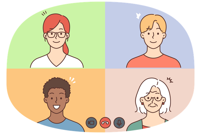 Pessoas diversas conversando em videochamada  Ilustração