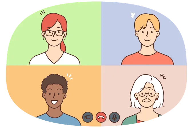 Pessoas diversas conversando em videochamada  Ilustração