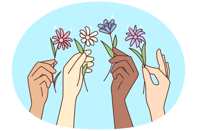 Pessoas diversas mãos segurando flores  Ilustração