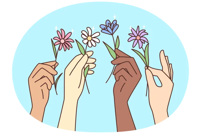 Pessoas diversas mãos segurando flores  Ilustração