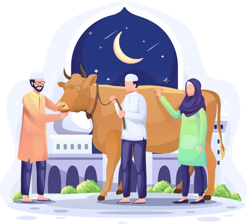 Pessoas doam uma vaca para ser sacrificada no Eid al Adha Mubarak  Ilustração