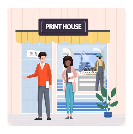 Pessoas em pé na gráfica  Ilustração