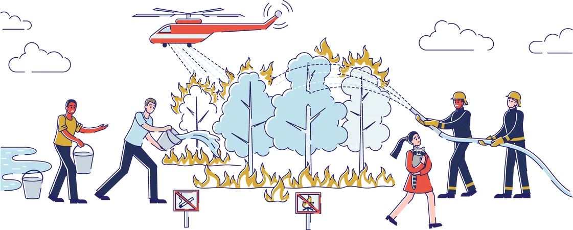 Conceito De Incendio Florestal Brigada De Incendio Com Voluntarios Esta Extinguindo Incendios Florestais Globais Por Meio De Maquinas Terrestres E Aereas Resgatando Animais Ilustracao Em Vetor Plano Linear De Contorno De Desenho Animado Ilustração
