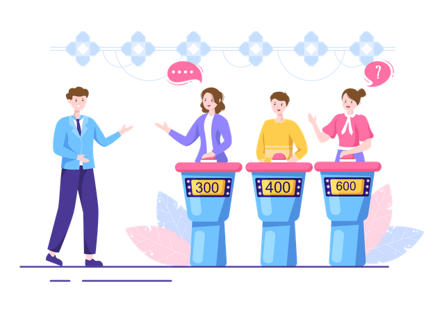 Pessoas em programa de perguntas e respostas na TV  Ilustração