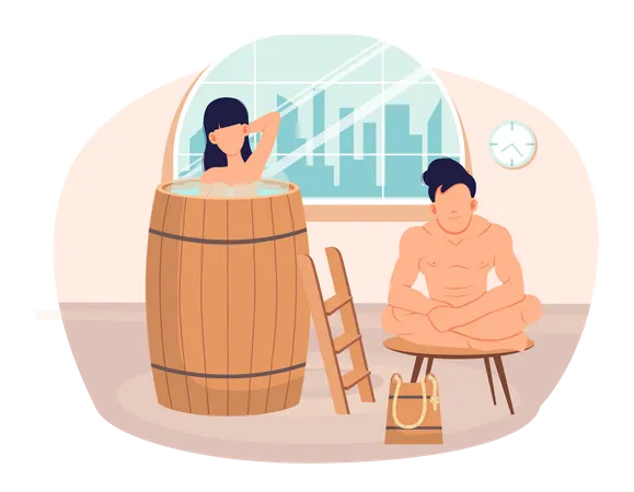 Pessoas em relacionamento estão descansando na sauna. Casal está tomando banho e passando momentos românticos juntos  Ilustração