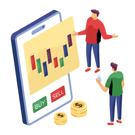 Empresários fazendo análise do mercado de ações  Ilustração