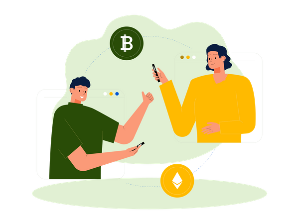 Pessoas enviando bitcoin em troca de ethereum  Ilustração