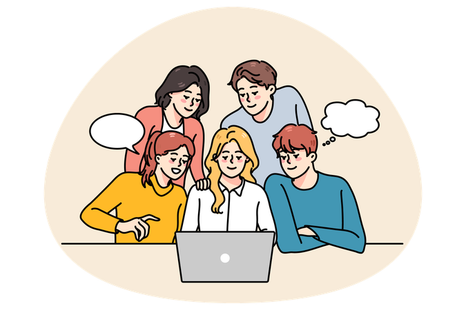 Equipe de pessoas trabalhando juntas no computador  Ilustração