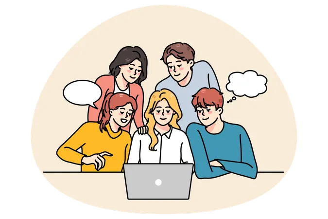 Equipe de pessoas trabalhando juntas no computador  Ilustração