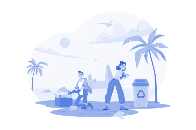 As pessoas estão limpando o lixo na praia  Ilustração