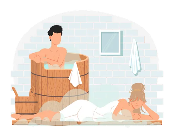 As pessoas estão se comunicando e descansando na sauna. Homem sentado em uma fonte de madeira com água quente  Ilustração