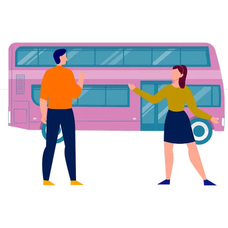 Pessoas falando sobre ônibus de dois andares  Ilustração