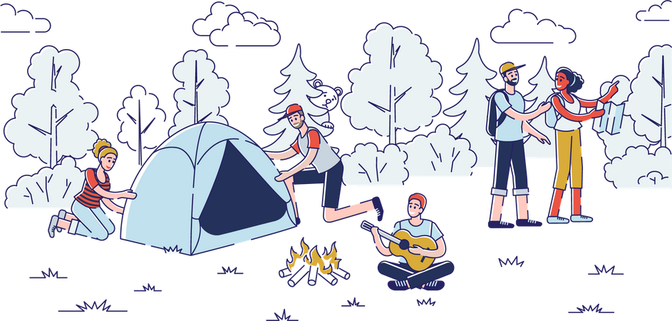 Pessoas acampando na floresta  Ilustração