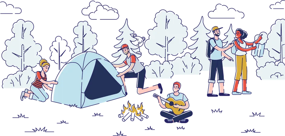 Pessoas acampando na floresta  Ilustração