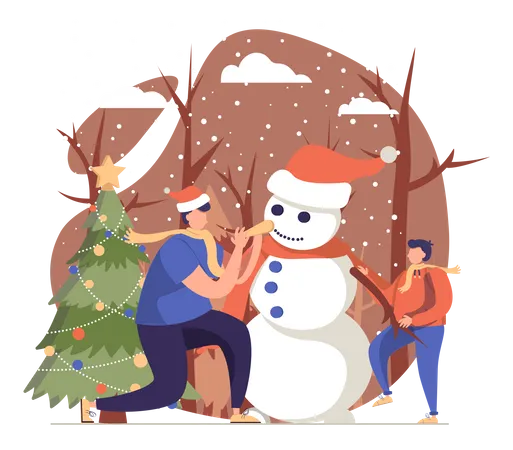 Pessoas fazendo boneco de neve  Ilustração