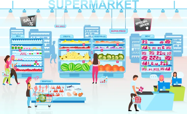 Ilustracao Vetorial Plana Interior Do Supermercado Pessoas Comprando Mercadorias Em Personagens De Desenhos Animados De Supermercado Clientes Escolhendo Produtos Em Diferentes Departamentos Cliente Pagando Comida No Caixa Ilustração