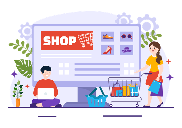 Pessoas fazendo compras on-line  Ilustração