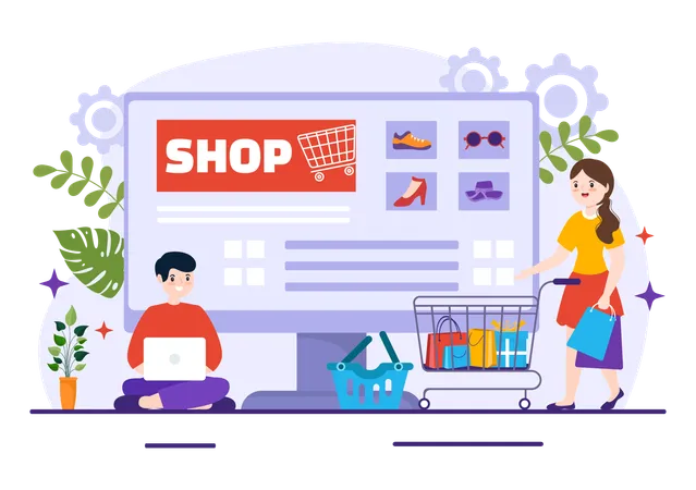 Pessoas fazendo compras on-line  Ilustração