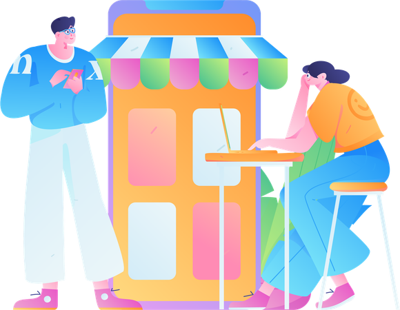 Pessoas fazendo compras on-line  Ilustração